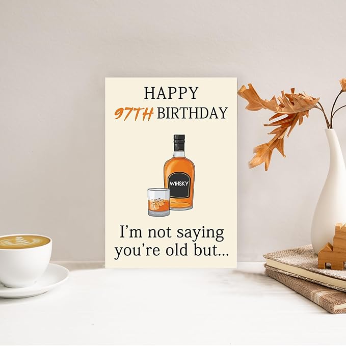 Funny 97th Birthday Card, Best 97th Birthday Gifts for Women Men, Happy 97th Birthday Decorations for Dad Mom Grandpa Grandma, Whiskey 97 Year Old Bday Decor Card
