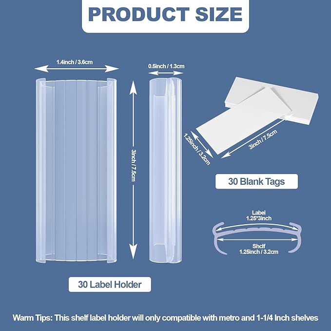 30 Pcs Label Holder Shelf Labels, Wire Shelf Label Holder with Label Paper Inserts, Shelf Labels for Wire Shelving, Metro Shelving Clips Plastic Label Holder Compatible with 1-1/4in Shelves