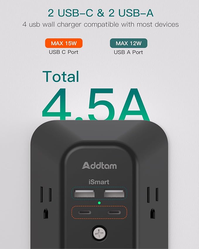 Surge Protector Outlet Extender, Addtam Multi Plug Wall Outlet with 4 USB Ports(2 USB-C), 3-Sided 1800J Power Strip Plug Extension Outlet Splitter, Black