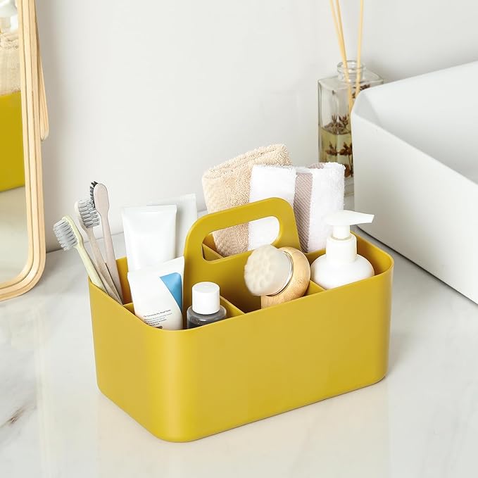 Multiuse Caddy Organizer w/ Handle - Stackable Plastic Tote Bin - Art Craft Supplies, Office, Desk, Stationery Pen Holder, Kitchen, Utensil, Makeup, Bathroom, Shower, Cleaning, Dorm Organizer - Yellow