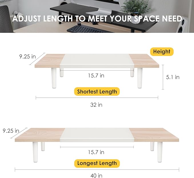 Dual-Monitor-Stand-Riser-For-Desk Adjustable Length 32-40 Inch，Large Desktop Computer Monitor Riser For 2 Screens，Desk Shelf Organizer Riser Stand For Computer/Laptop/PC/Printer/TV Maple