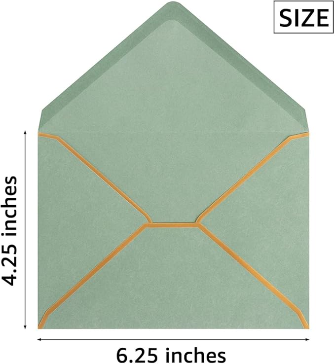 50 Pack A4 Envelopes Sage Green 4x6 Self-Adhesive V Flap Envelopes with Gold Border for Office, Wedding Gift Cards, Invitations, Graduation, Baby Shower, Parties (4.25x6.25 inches)