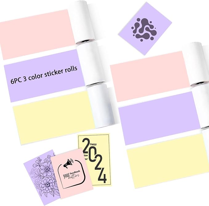 6 Rolls Colored Printer Paper, Self-Adhesive Thermal Paper with Black Character on Yellow/Purple/Pink Color Paper for Printer, 57mm x 25mm Sticker Printer Paper, 3 Color Thermal Labels