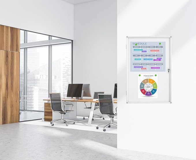 Lockable Whiteboard 24x36 - Aluminum Enclosed Magnetic Whiteboard with Tamperproof Lock - Wall Mounted Cabinet for School Office, Dry Erase Noticeboard