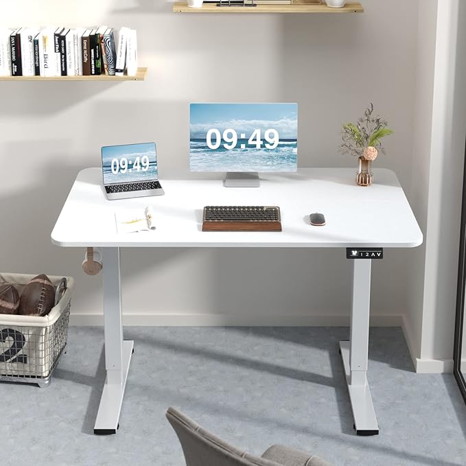 Furmax Electric Height Adjustable Standing Desk Large 48 x 24 Inches Sit Stand up Desk Home Office Computer Desk Memory Preset with T-Shaped Metal Bracket, White
