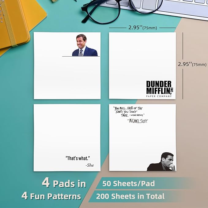 Funny Sticky Notes Cute 4 Pads, Office Sticky Note Pads Michael That's What She Said, Cute Sticky Notes Office Desk Gifts, Self-Stick Note Pads Bulk, Set of 4