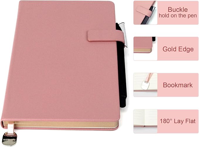 A5 Hard Cover Notebook with Pen Holder, Gold Edges & 180° Lay Flat - Large 5x8.25 Lined, Bookmark, Gift Box - Durable Journal for Office, Study, Travel - Writers, Students (Pink)