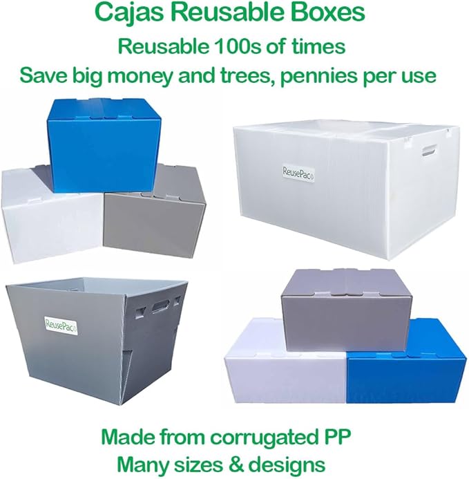 Reusable Foldable Box Corrugated PP Lightweight, Storage Moving, Heavy Duty Stackable, Tape Free Self-Locking Lid, Handles for Business Home In/Outdoors X-Large (nWhite, 24x16x12 in)