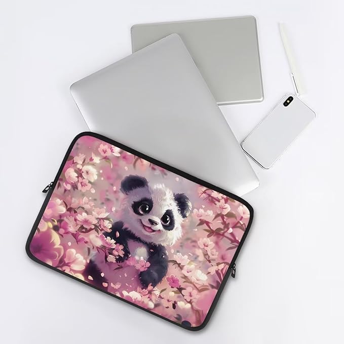 Panda Cherry Blossom Printed Computer Case Bag for Girls Boys, Washable 17 Inch Laptop Bag Carrying Case Laptop Briefcase Neoprene with Zipper, Compatible with Various Computers, Pink