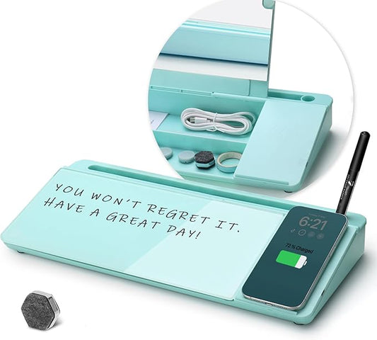 TOWON Desktop Glass Whiteboard with Charger Pad, Whiteboard for Desk with Charging Station, Desk Buddy Dry Erase with Charger for Home Office, Dry Erase Computer Desk Notepad, Teal Blue, 17 x 6 in