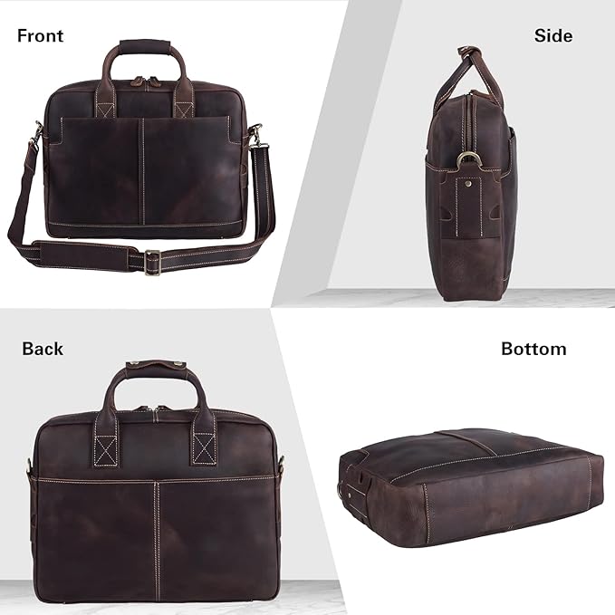 Polare Leather Briefcase for Men Business Travel Messenger Bags 15.6 Inch Laptop Bag YKK Metal Zipper