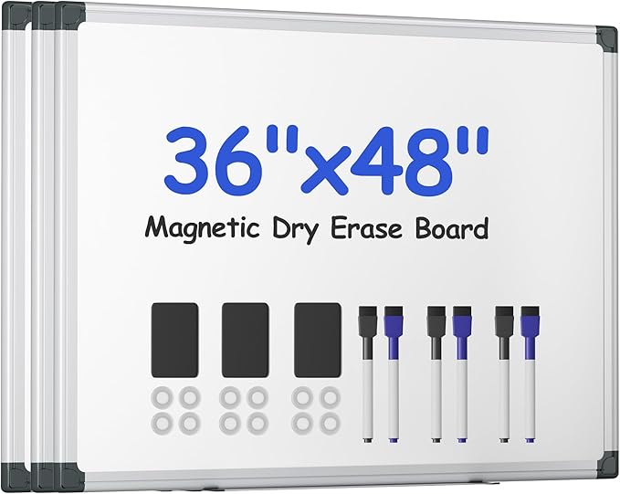 VUSIGN 3PCS Magnetic White Board Hanging 36" x 48" for Office, Class, Home, Sliver Aluminum Frame, 3 Dry-Erase Eraser, 6 Multicolor Marker, 12 Magnetic Pins