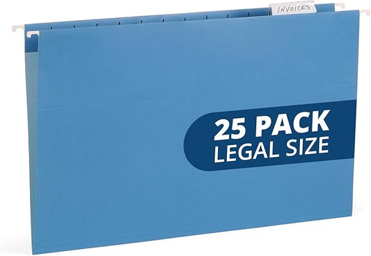 25 Blue Summit Supplies Legal Size Hanging File Folders - Durable 11pt Paper, Blue Hanging Folders with Tabs and Inserts, Fits Legal Size Filing Cabinets, 25 Pack