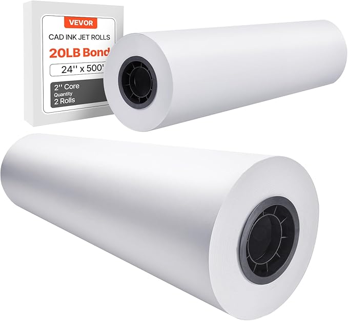 VEVOR Wide Format Paper, 24 in x 500 ft Plotter Paper, 2 Rolls CAD Bond Rolls with 3 in Core, 20 LB Bond Paper Rolls, Idea for CAD Drawings, Engineering Plans, GIS Maps & Architectural Designs