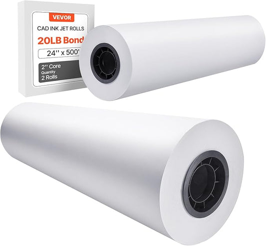 VEVOR Wide Format Paper, 24 in x 500 ft Plotter Paper, 2 Rolls CAD Bond Rolls with 3 in Core, 20 LB Bond Paper Rolls, Idea for CAD Drawings, Engineering Plans, GIS Maps & Architectural Designs