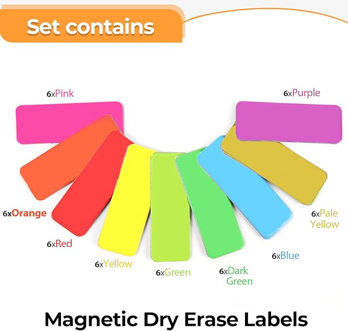 54pcs Magnetic Dry Erase Labels 9 Colorful Name Tags Flexible Reusable Magnetic Label Stickers for White Board Refrigerator Locker Size 3.2"x1.2" by Mositear