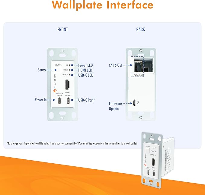 J-Tech Digital 4K HDMI & USB C Extender Over Single Cat5 5e 6 7 Cable, Up to 164ft Wall Plate Over Ethernet HDR Dolby Vision USB-C Charging Port, PoC, IR, Auto-Switch [JTECH-EXW30]