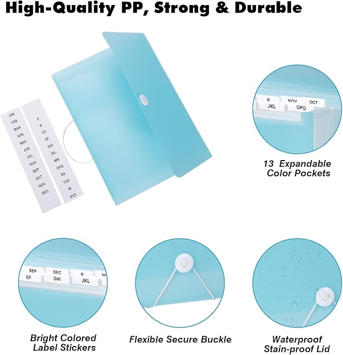 Expanding File Folder A4,13 Pockets File Organiser with Colored Tags, Paperwork A4 Plastic Wallet Document Storage Expander for School,Office and Home, Light Blue