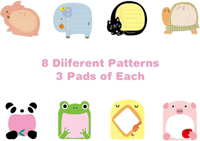 24 Pads Cute Animal Sticky Notes with 8 Cute Patterns 3 Pads of Each Kawaii Note Pads Cute Cartoon Self-Stick Memo Pads for School Office Home Students Roommates Kids Gifts