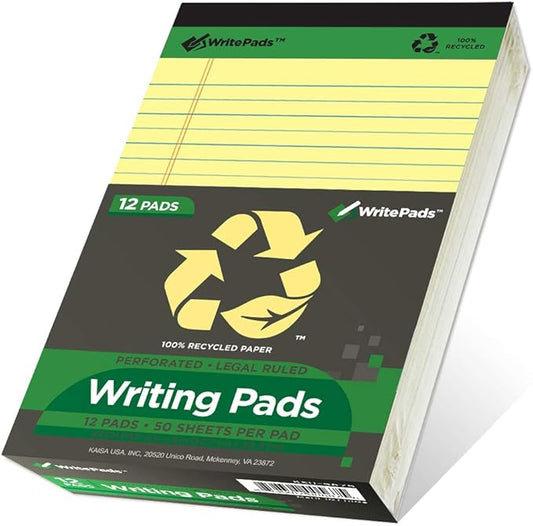 KAISA Legal Pad Writing Pads, Narrow Ruled 5"x8" 50 Sheets Perforated Recycled Paper Write Pad Notepad, Yellow/Canary(12pads), KSU-5675