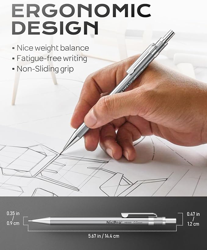 Nicpro 2 PCS 0.5 mm Metal Mechanical Pencils Set, Drafting Pencil for Artist Writing, Sketching, Drawing, with 4 Tubes HB Lead Refill & Erasers, Erasers Refills & Storage Case