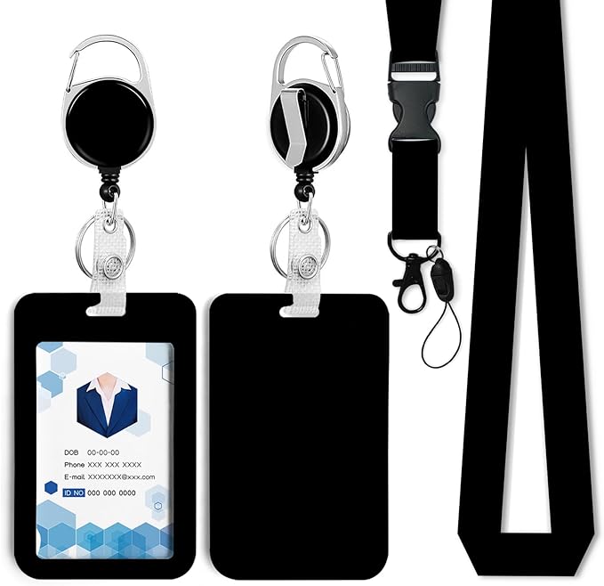 Black Badge Holder with Retractable Reel and Breakaway Lanyard，Badge Clips Retractable Heavy Duty Badge Reel，Keychain，ID Holder with Breakaway Lanyard for School Nurse Office Teen