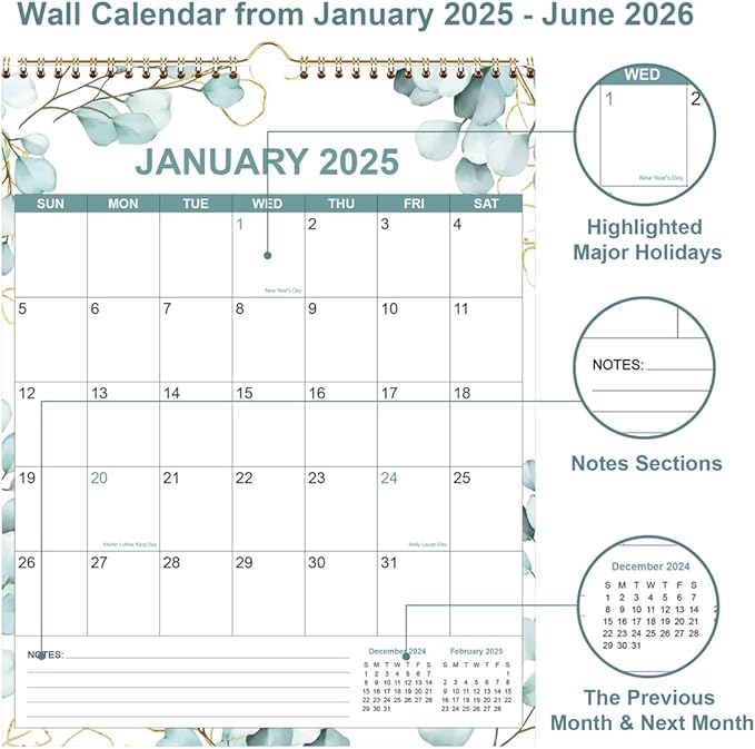 2025 Calendar - Calendar 2025-2026 from January 2025 - June 2026, 18 Months Calendar with Thick Paper, 12" x 14.5", Vertical Calendar, Leaf