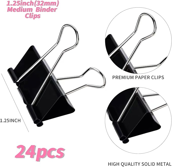 Binder Clips, Medium Binder Clips,24 Pcs 1.25 Inch,Black Metal Binder Clips and Paper Clips for Office, Home, School