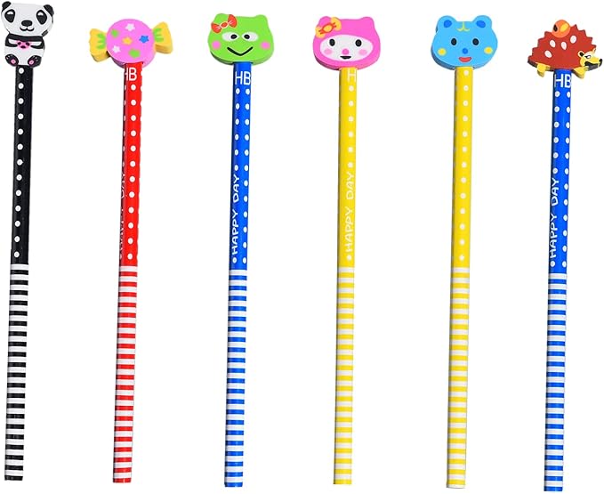 28PCS Fun Cute Pencils for Kids,Colorful Stripe Pencils with Assorted Fruit Animal Erasers Toppers,Pencils and Erasers Set for School Office Classroom Supplies Students Children
