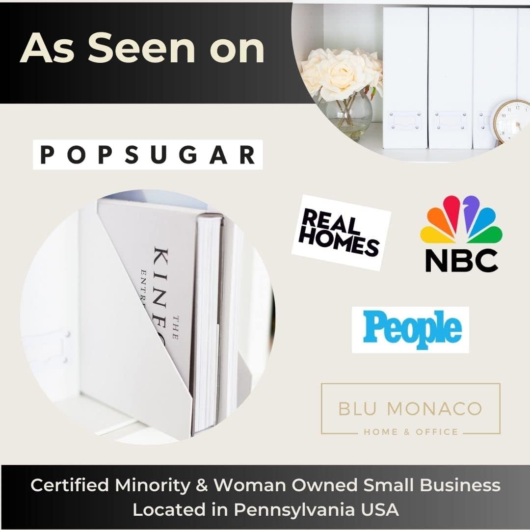 BLU MONACO Set of 6 Foldable White Magazine File Holder with White Leather Label Holders – Stylish Cardboard Desk Organizer Vertical File Organizers Magazine Storage for Workspace and Shelves