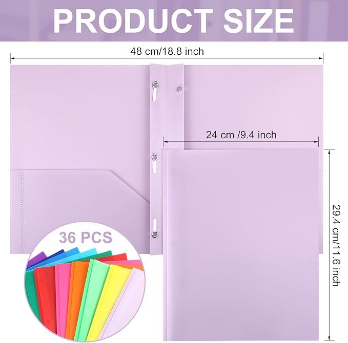 Cholemy 36 Pcs Plastic Pocket Folders with Prong 2 Heavy Duty Pockets Folders with 3 Prongs Letter Size Paper Folders Bulk File Plastic Folders with Fasteners for Office Workers (Colorful)