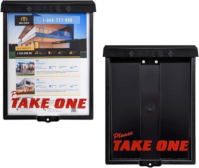 Outdoor Real Estate Brochure Box with Snap Shut Lid, Take One Document Holder Can Hold 100, 8.5 x 11 Documents, Flyers, Literature and Other Outdoor Marketing Needs