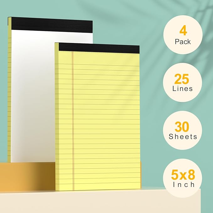Small Note Pads 5x8 Yellow – 4 Pack, 80gsm Premium Thick Paper, 30 Sheets/ 60 Pages Per Pad, Perforated Pages Narrow Ruled Writing Pad, College Ruled Legal Notepads 5x8 for Homework, Office, Business