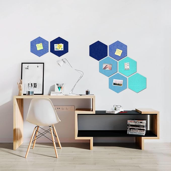 12" Large Bulletin Board with 30 Push Pins, Pack of 8 Hexagon Felt Pin Board Notice Boards for Home Office Kitchen, Felt Wall Tiles for Photos Memos (Dark Blue)