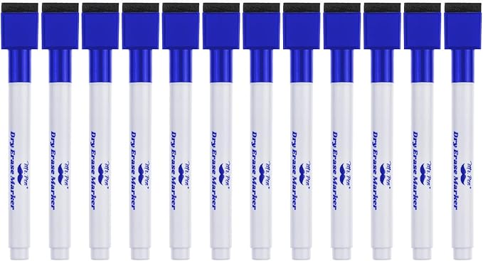 Mr. Pen Magnetic Dry Erase Markers, 12 Pack, Fine Tip, Blue with Eraser Cap