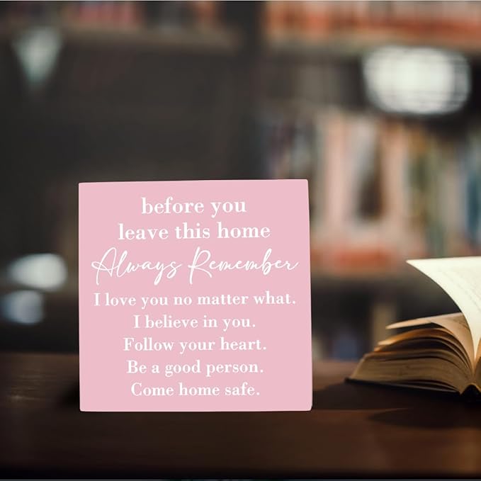 Family Noun Family Quotes Desk Decor Wooden Box Sign Inspirational Rustic Pink Wood Block Plaque Box Sign for Home Farmhouse House Kitchen Bathroom Living Room Shelf Table Decoration