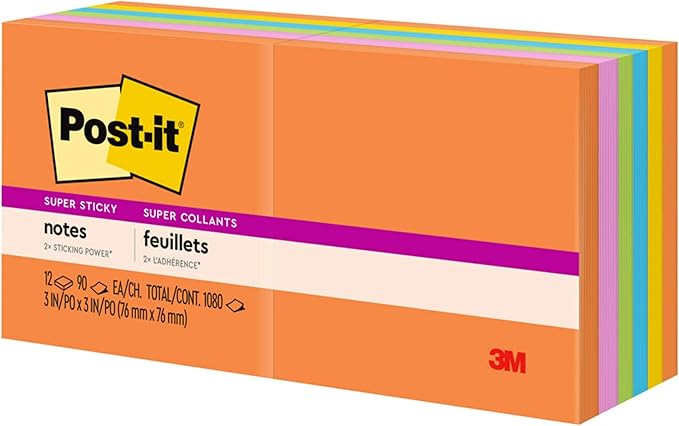 Post-it Super Sticky Notes, 12 Sticky Note Pads, 3 x 3 in., School Supplies, Office Products, Sticky Notes for Vertical Surfaces, Monitors, Walls and Windows, Energy Boost Collection