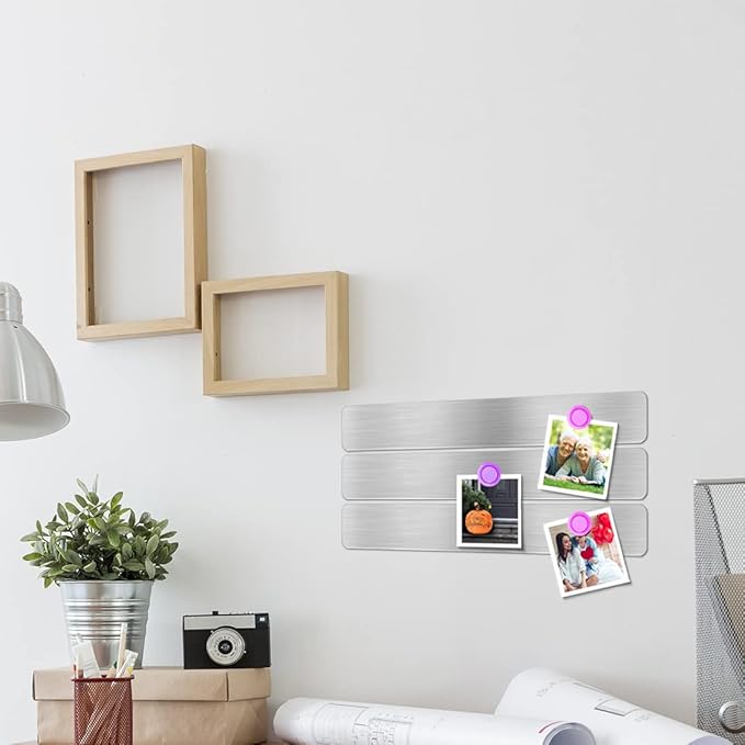 Frameless Magnetic Stainless Iron Board Strips, Adhesive Backing Bulletin Bar Board with 10 Pieces Colorful Magnet, Memo Strip for Office Home 4Pcs