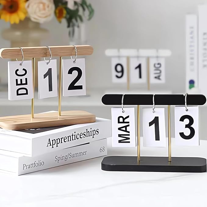 Perpetual Daily Flip Calendar for Desk Reusable Office Desktop Decor Home Accessories Photography Props (Wooden)