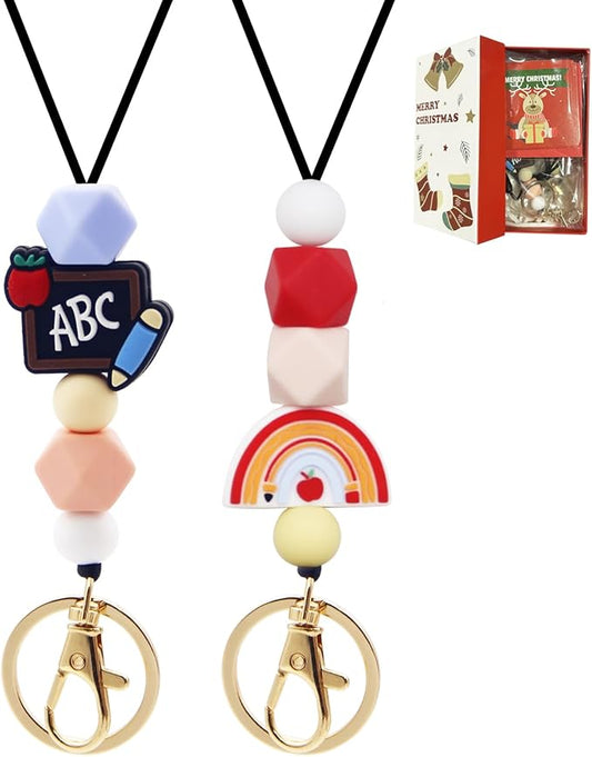 2 PCS Teacher Lanyards for ID Badges and Keys,Cute Silicone Bead Lanyard with Keychain,Teacher Lanyard Breakaway with Christmas Gift Box for Women Nurse Employee Student