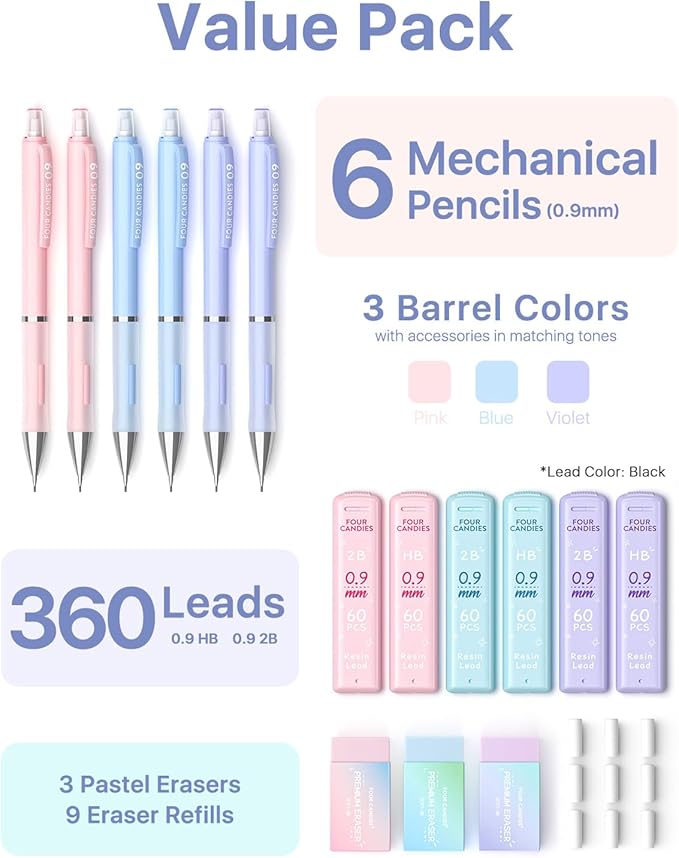 Four Candies 0.9mm Mechanical Pencil Set - 6PCS Cute Pencils with 360PCS HB & 2B Lead Refills, 3PCS Pastel Erasers and 9PCS Eraser Refills, Aesthetic School Supplies for Student Writing Drawing