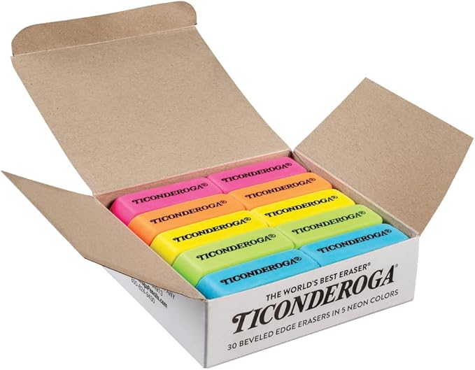 Ticonderoga Wedge Erasers, Neon Colors, 30 Count, Class Pack