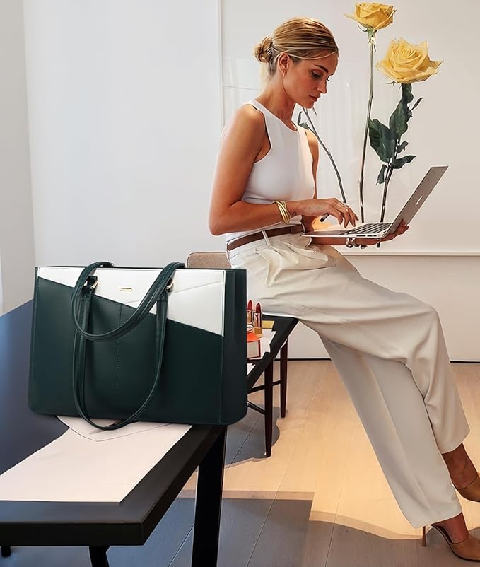 LOVEVOOK Laptop Bag for Women 15.6 Inch Tote Bags Waterproof Leather Briefcase Computer Women Business Office Work Bag,Green/White