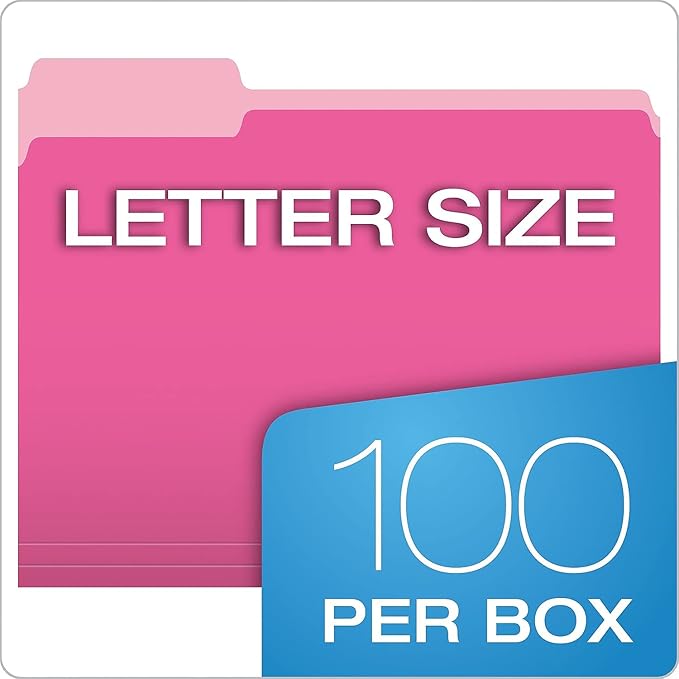 Pendaflex Two-Tone Color File Folders, Letter Size, 1/3 Cut, Pink, 100 Per box (152 1/3 PIN), 12 x 9.88 x 2.38 inches