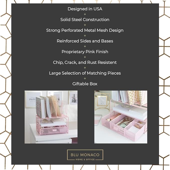 BLU MONACO Pink Workspace Desk Organizer and Accessories Desktop Rack with File sorters and Drawer for Office Supplies, Paper, Device and Folder