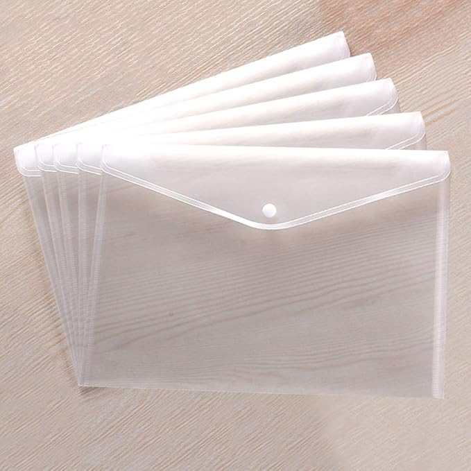 Clear Document Folders Transparent Filing Envelopes Waterproof Plastic Envelopes File Holder Filing Document Poly Envelope with Snap Button Closure for A4 Letter Paper Size (5 Pcs)