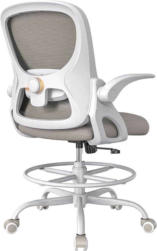 Drafting Chair Tall Office Chair with Flip-up Armrests Ergonomic Computer Standing Desk Chair with Comfy Lumbar Support and Adjustable Footrest Ring for Bar Height Desk(White-Gray)