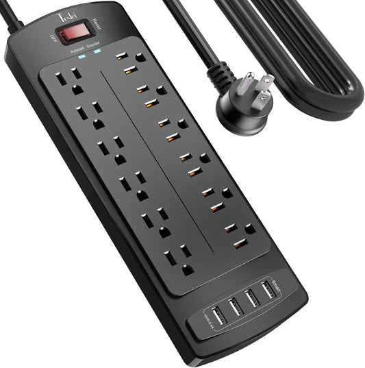 Power Strip, Tcstei Surge Protector with 12 Outlets and 4 USB Ports, 10 Feet Extension Cord (1875W/15A) for Home, Office, Dorm Essentials, 2700 Joules, ETL Listed, Black