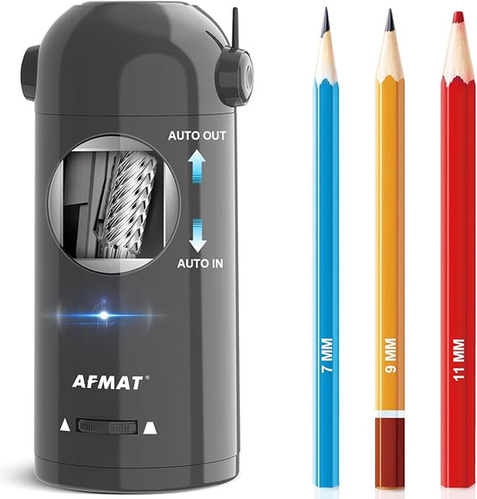 AFMAT Electric Pencil Sharpener for Colored Pencils 7-11.5mm, Fully Automatic Robot Pencil Sharpener, Auto in & Out, Rechargeable Hands-Free Pencil Sharpener for Large Pencils, Home, Classroom, Gray