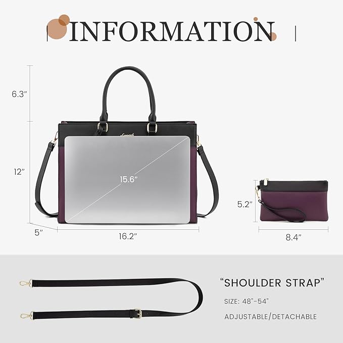 LOVEVOOK Laptop Bag for Women, 15.6 inch Laptop Tote Work Bag Purse, Large Waterproof Leather Computer Briefcase for Office, Purple-Black